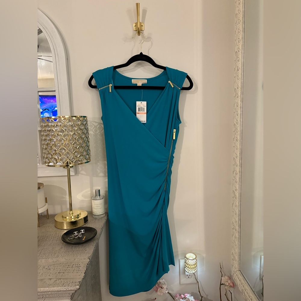 Elegant tile blue Dress with gold accent logo zippers